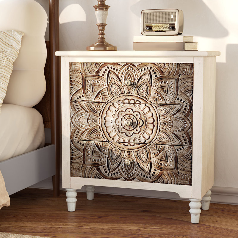 26” Carved Wooden Nightstand, Three Drawers Dressing Table
