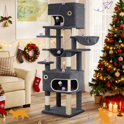 70.1 Inch Cat Tree for Indoor Cats, Multi-Layer Scratching Post with Large Platform, 2 Caves, 7 Sisal Posts, Pompoms, Cat Basket, Hammock, Suitable for Cats, Dark Grey