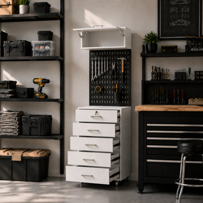 Armoire de rangement Rolling Garage (H 78,9 po x l 26,8 po x P 20,5 po), organisateur d'outil mobile avec panneau perforé, 5 tiroirs et armoire supérieure