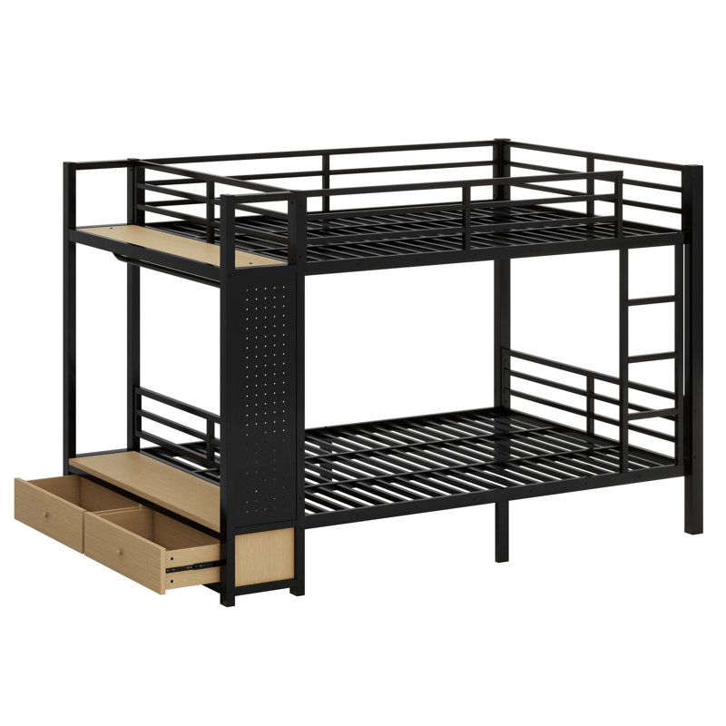 Lit superposé en métal pour les adolescents avec tablettes de rangement, tiroirs et panneau perforé, Grand sur grand