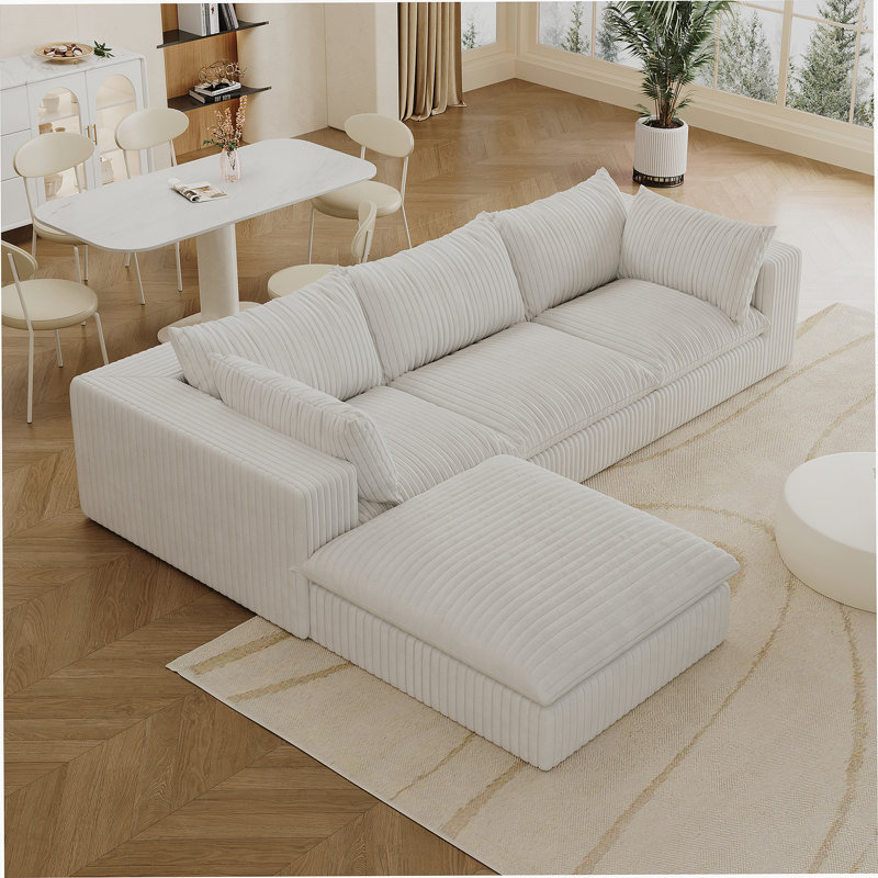 Boneless Cloud Sofa,Corduroy Fabric,Deep Seat Couches,Double-Layer Design,Removable Cushion, White