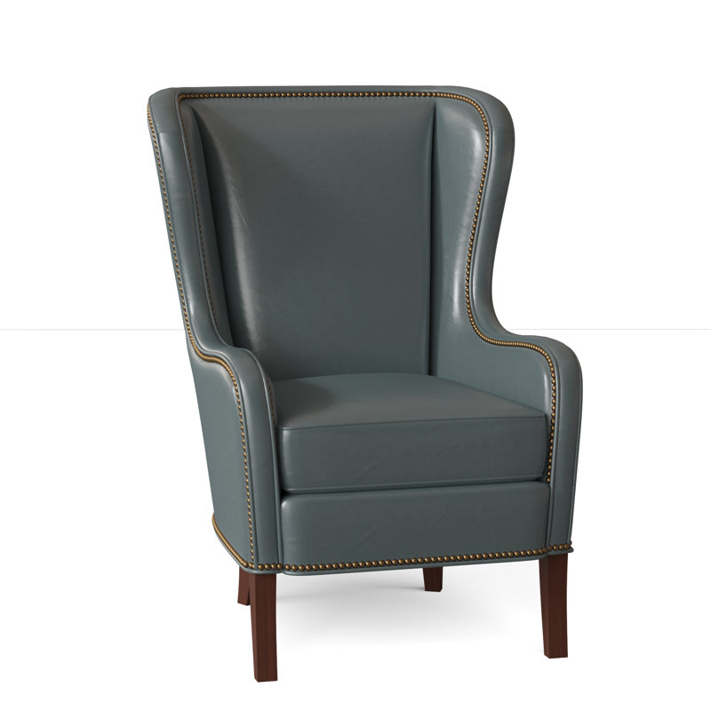 Aurora Wingback Chair, French Natural, Mahogany, Aline Light Gray Stonewash Genuine Leather