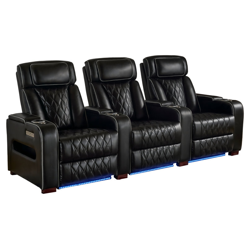 Siège de cinéma maison avec appuis-tête réglables, canapé inclinable électrique en cuir avec charge USB et Type-C, éclairage ambiant à DEL, porte-gobelets et rangement - Cuir d'unité centrale