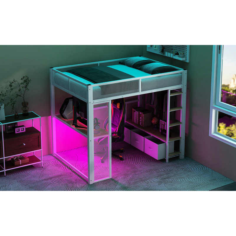 Lit mezzanine pleine grandeur en métal avec DEL, bureau et 3 tiroirs de rangement, bureau décoratif blanc, taille de garde-robe, expérience de qualité