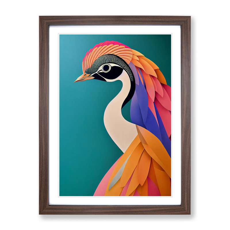 Bold Peacock No.6 - Single Picture Frame Print, 64cm H x 46cm W x 2cm D, Walnut