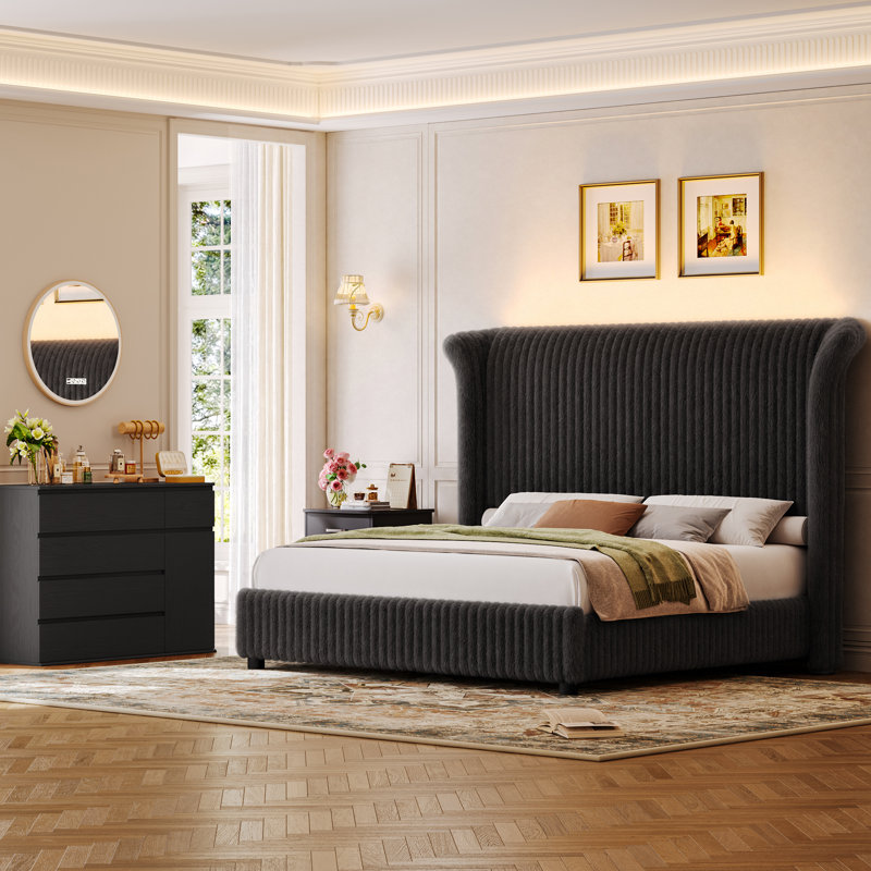 Ensemble de chambre à coucher 2 pièces 2 pièces, lit en velours côtelé à profil haut DEL 55 po + commode 5 tiroirs l 39,4 po