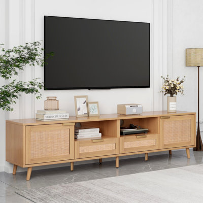 Meuble télé en rotin pour téléviseur de 85 po ou moins, console multimédia de style campagne moderne, centre de divertissement avec pieds en bois massif, meuble télé pour le salon, cinéma maison