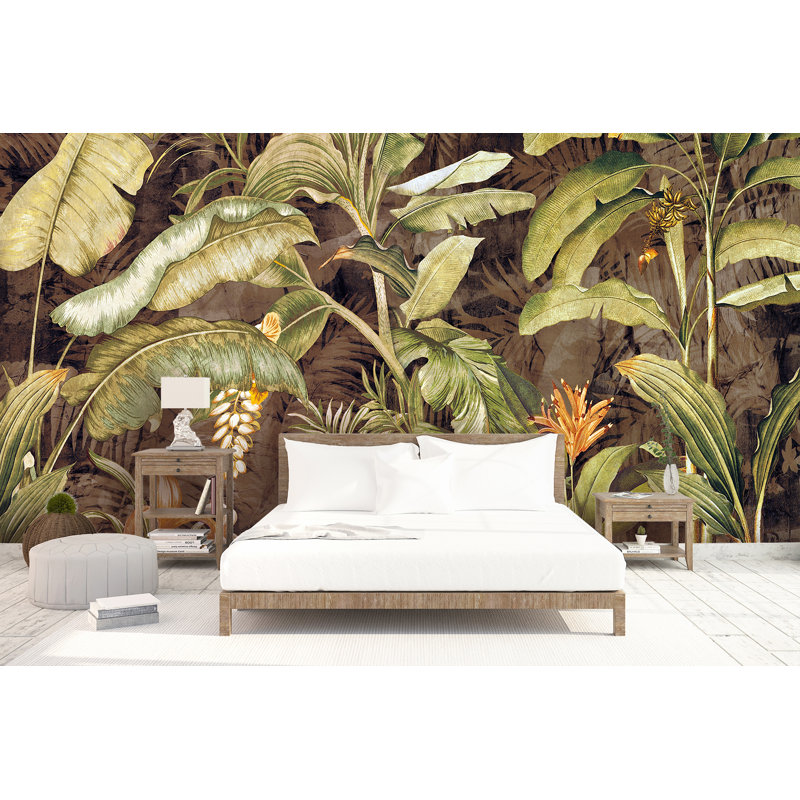 Murale feuilles de bananier tropical rétro Elkmont, L 106 po x l 187 po