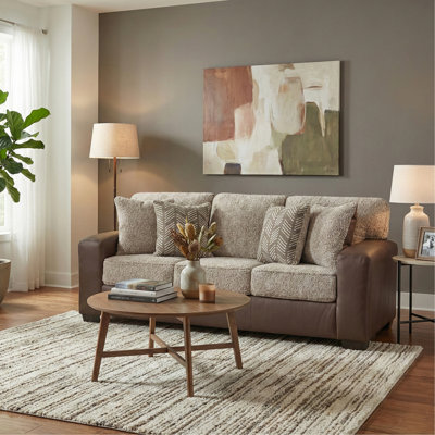 Marvella Living Room Sofa with Chocolate Faux Leather Upholstery and Curly Shearling Cushions