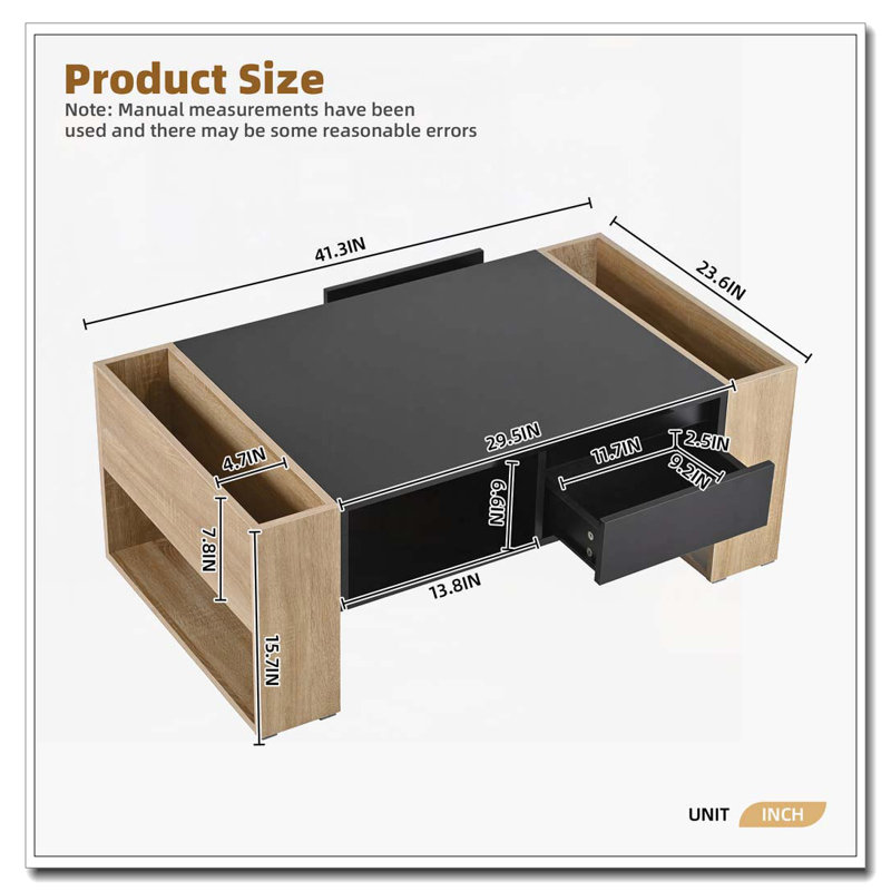 Table basse haute brillance avec 2 tiroirs, Noir