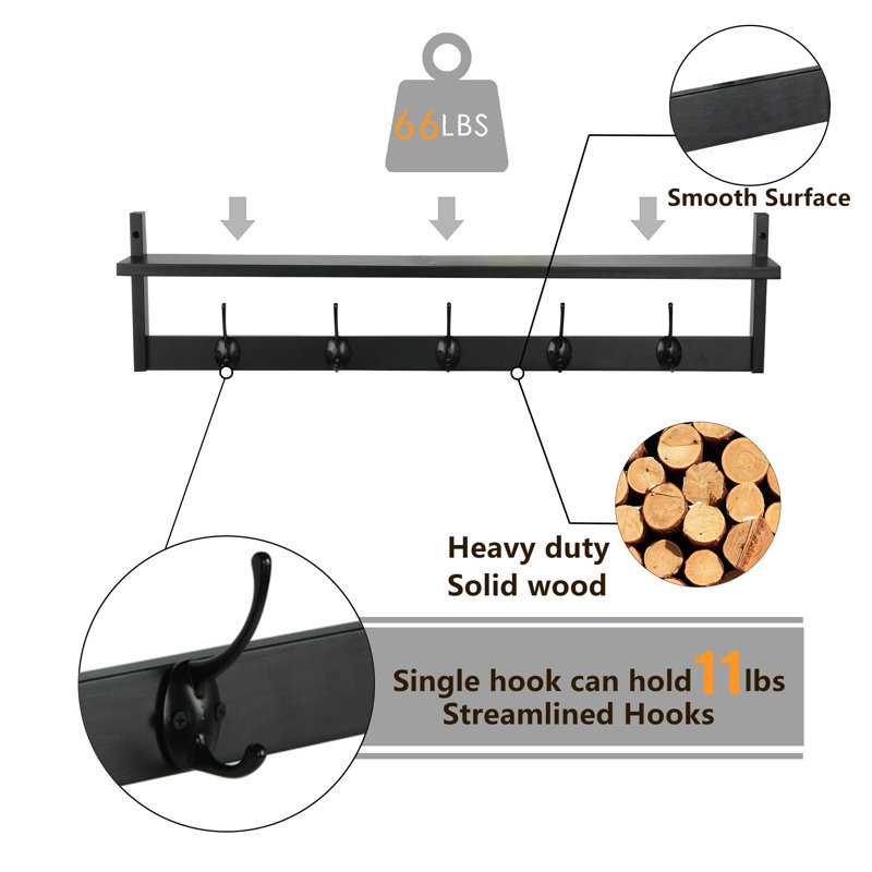 Black Wall-Mounted Coat Rack with Shelf and Hooks