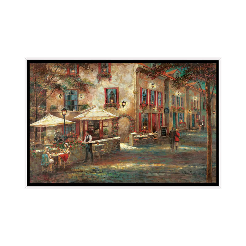 «Courtyard Café» par Ruane Manning - reproduction d'art, H 32 po x l 48 po x P 1,5 po, Aucun mat, Toile blanche encadrée