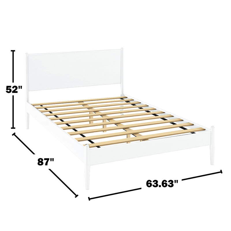 Lit grand format Mid-Century blanc, bois massif +, sans sommier, lit plateforme simple à assembler avec tête de lit haute, lattes, ressort