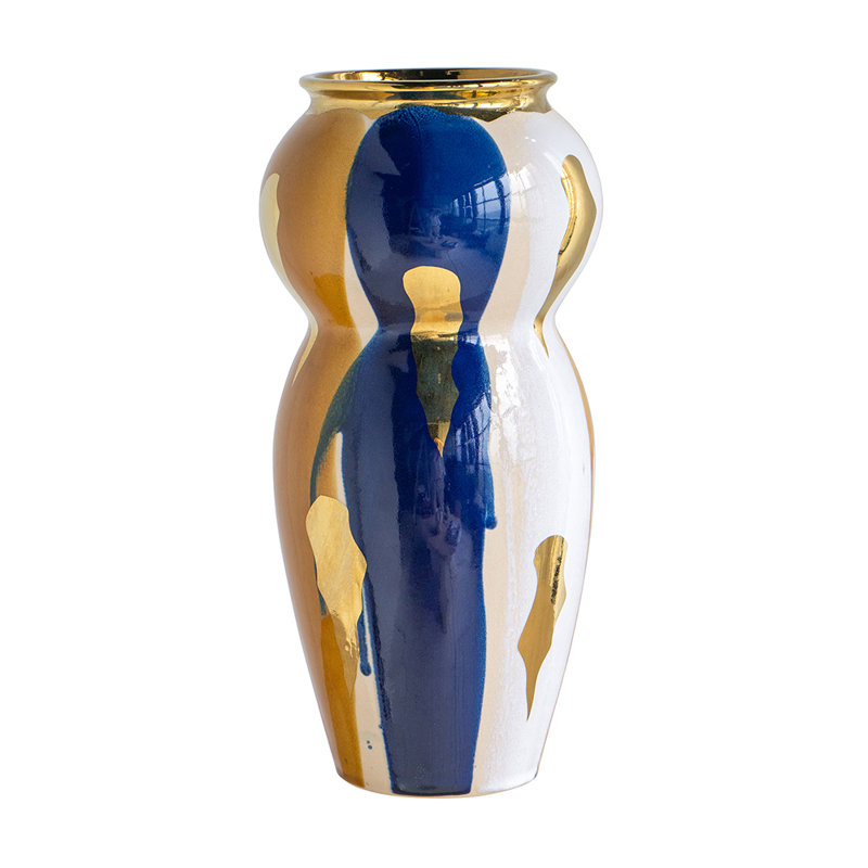 Curved Ceramic Vase with Abstract Multicoloured Finish, Yellow/Blue, 16.3" H X 7.9" W X 7.9" D