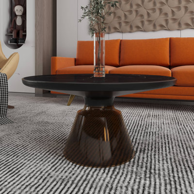 30" Round Coffee Table Glass/Sintered Stone Top With Powder-Coated Black Rim And Tempered Glass Base