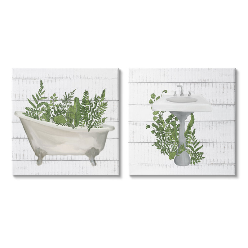 Fougères de baignoire de salle de bain Rustic Botanical Herbs par Kim Allen, Toile tendue, L 12 po x H 12 po