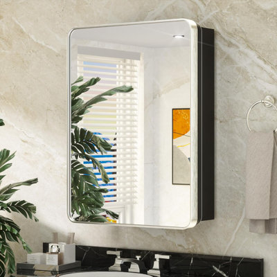 Brushed Nickel Medicine Cabinet For Bathroom With Mirror, Stainless Steel Framed, Adjustable Shelves, Recessed Or Wall Mount, Rounded Rectangle Design, Durable Construction in 