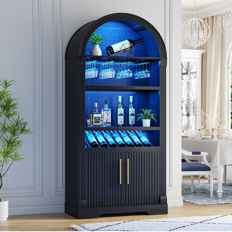 71''H Arch Wine Cabinets With Wine Glass Holder & Wine Rack, Bar Liquor Cabinets With Led Light & Motion Sensor, Black