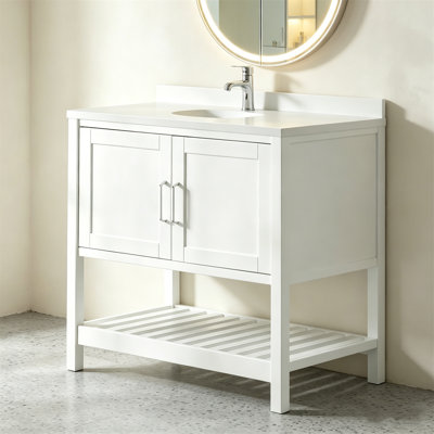 Meuble-lavabo de salle de bain avec porte berçante à fermeture en douceur et tablette ouverte - Meuble-lavabo en bois autoportant sans lavabo - Base de lavabo simple