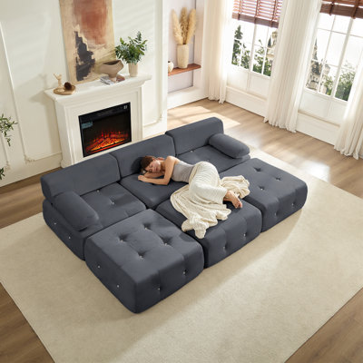 Velvet Tufted Modular Sectional Sofa,Dark Grey