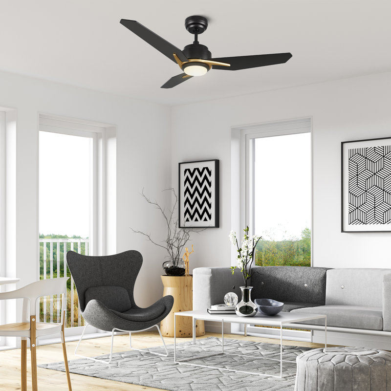 Ventilateur de plafond intelligent à 3 pales avec lumière DEL, Noir / or, H 48 po x l 5,8 po x L 20,8 po