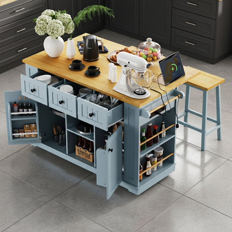 Door Internal Storage Rack Kitchen Island With 2 Bar Stools And Power Outlet, Gray Blue