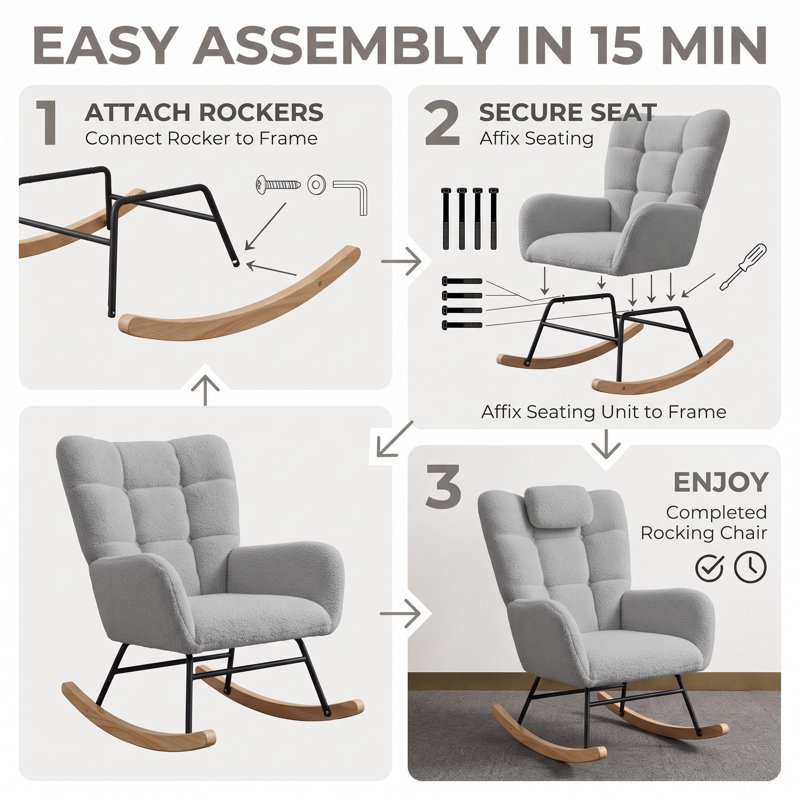 Ergonomic High-Back Rocking Chair with Ottoman, Upholstered Glider Rocker with Steel Frame and Wooden Legs for Nursery or Living Room