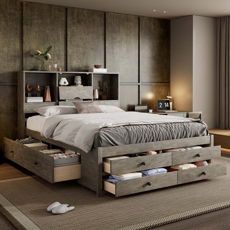Lit plateforme avec tête de lit avec rangement et 8 tiroirs, Grey