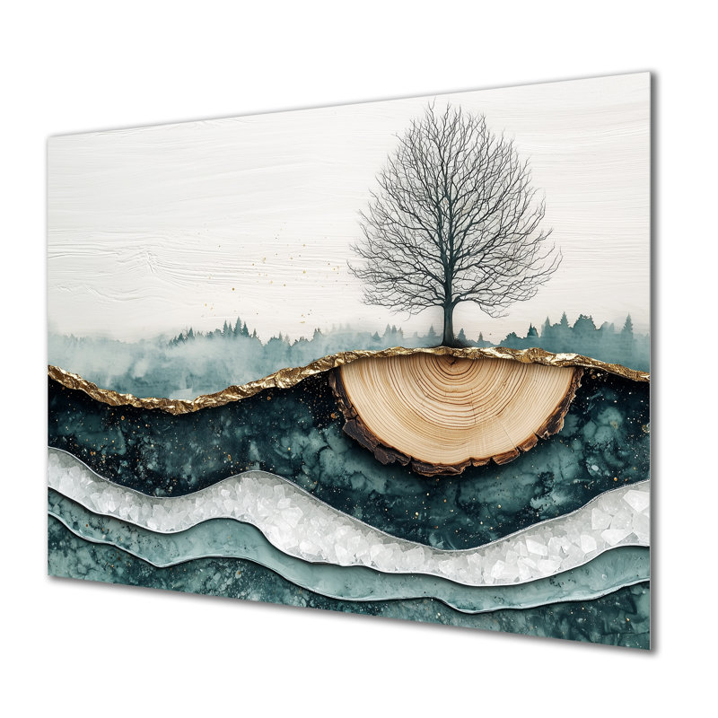 «Winter Tree In Ink Geode Landscape III», reproduction d'art traditionnelle en métal, art mural forêt en métal