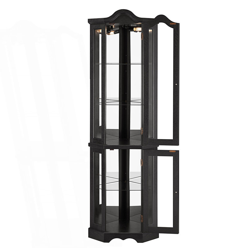 Lighted Corner Curio Cabinet With Tempered Glass Doors & Shelves, Black