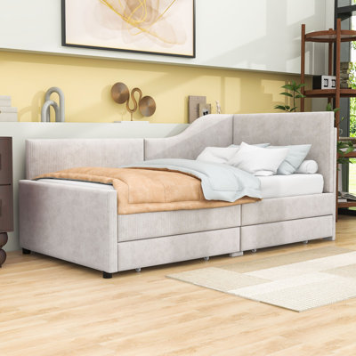 Twin Wood L-Shaped Upholstered Bed with Drawers