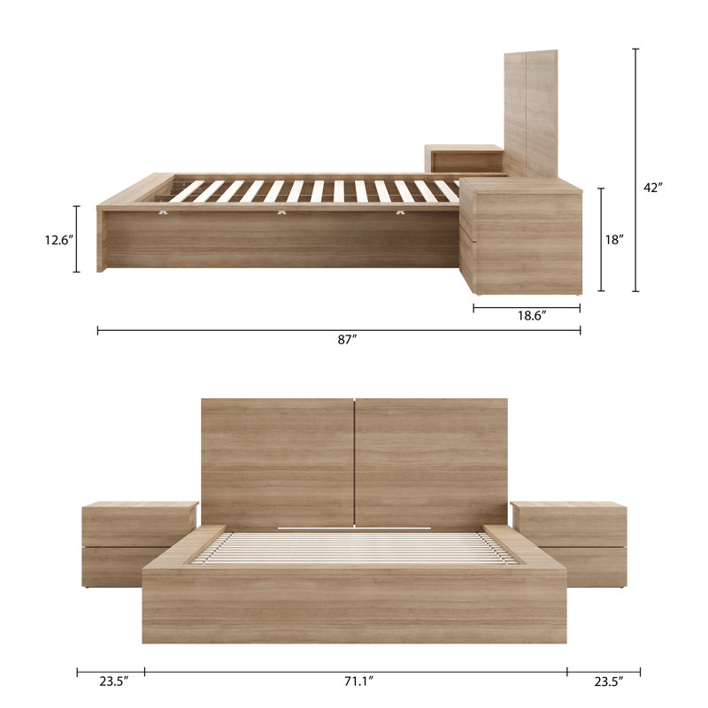 Ensemble de chambre à coucher 3 pièces avec lit et 2 tables de chevet Antonnio, Brun, Grand lit