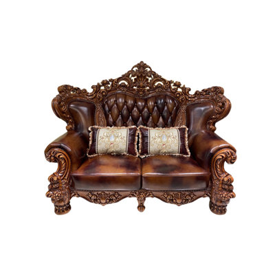 Solid Wood Double-sided Carved American Sofa 82.68'' Genuine Leather Rolled Arm Loveseat -  FURNITURE LEISURE, INC., XJY3V9XNDPX