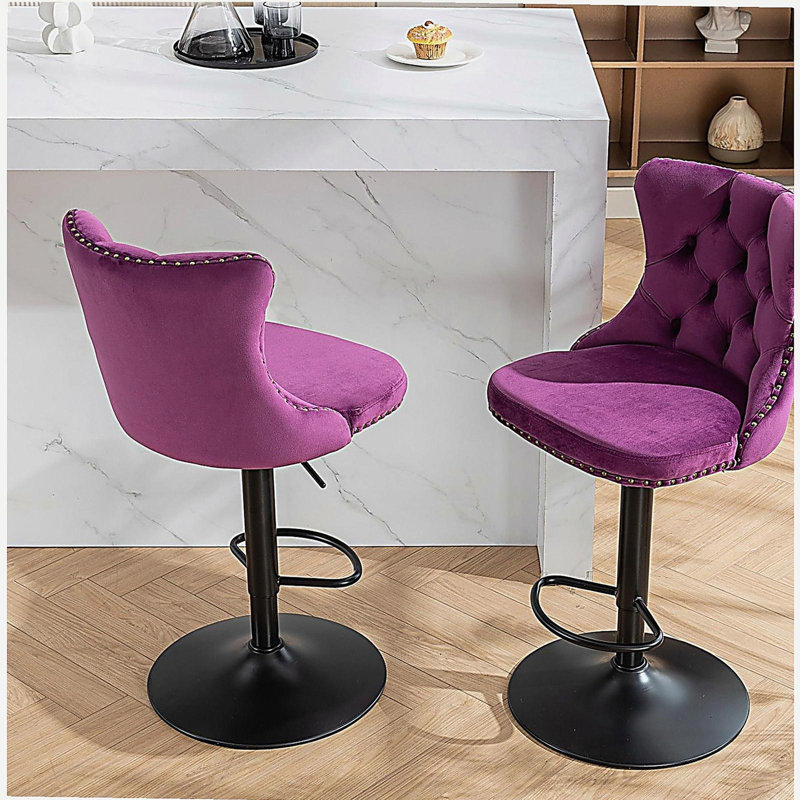 Purple Adjustable Height Swivel Metal Pedestal Bar Stools with Footrest, Purple, Black