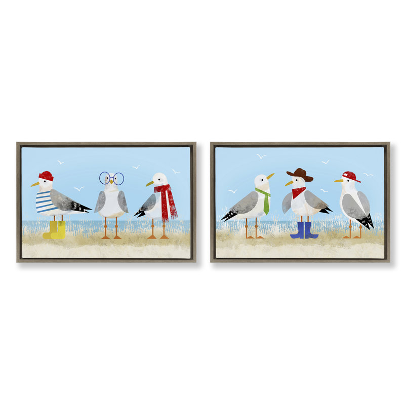 «Stupell Industries Stylish Seagulls at Beach», ensemble de 2 toiles flottantes encadrées par Victoria Barnes