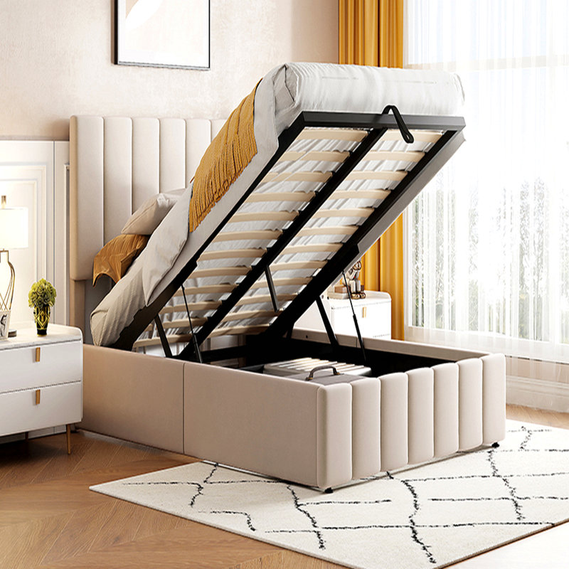 Lit plateforme double avec système de rangement hydraulique - beige, Beige, Full