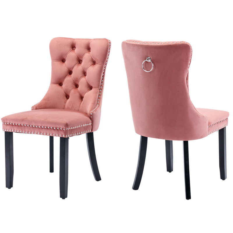 Tufted Velvet Wing Back Side Dining Chairs, Black, Peach