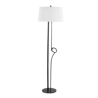 Lampe moderne sur pied asymétrique moderne avec base en acier noir et abat-jour en lin blanc, parfaite pour les intérieurs contemporains.
