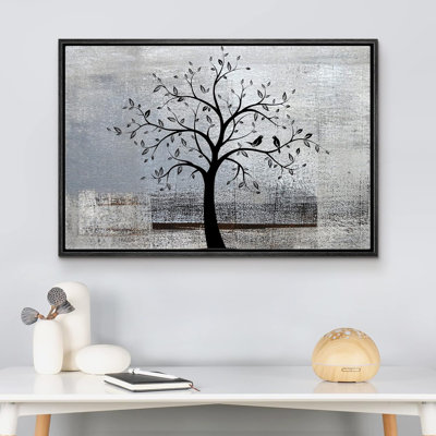 Silhouette d'arbre sur fond gris Botanical Abstract Rustic Farnhouse Lodge, impression sur toile
