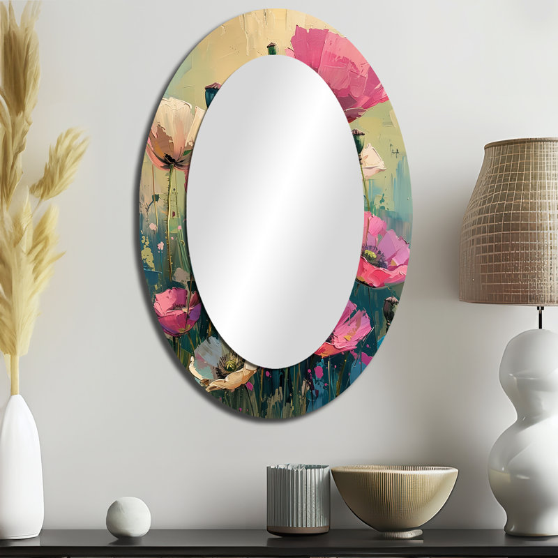 Symphonie de coquelicots roses et blanches vibrantes I - miroir décoratif ovale floral sur métal, 36 po x 24 po