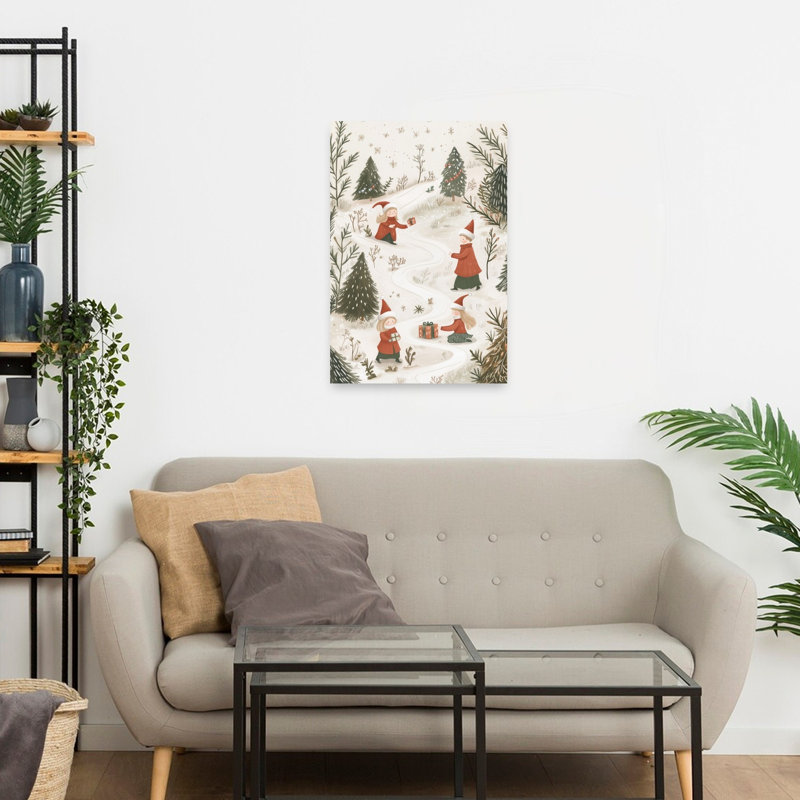 Hiver, échange de cadeaux, arbre de Noël contemporain, pin, forêt, impression d'art mural, H 24 po x l 16 po