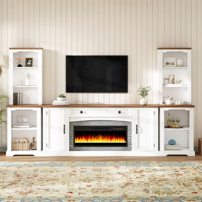Meuble audio-vidéo 3 pièces avec foyer et rangement, aspect blanc, tablettes multiples pour accessoires multimédias Foyer à couleur changeante, meuble télé, amplement de rangement