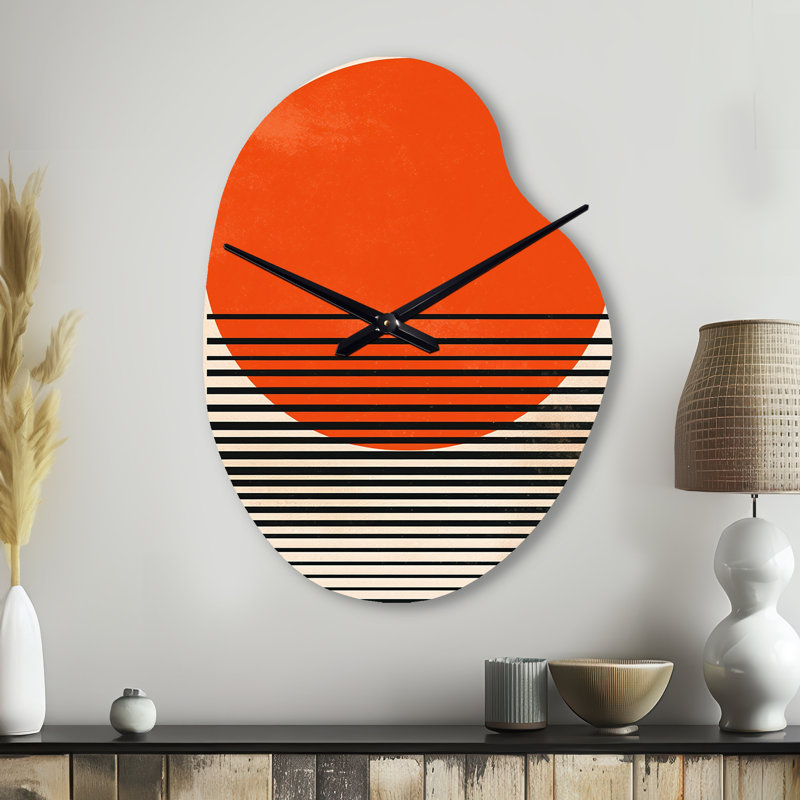 Minimal géométrique orange audacieux coucher de soleil II - horloge géométrique unique en métal, impression d'horloge murale asymétrique moderne