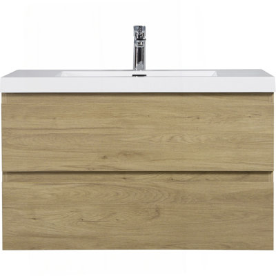 Meuble-lavabo flottant 36 po avec lavabo, meuble-lavabo mural moderne avec lavabo à surface solide et tiroirs à fermeture en douceur, chêne naturel