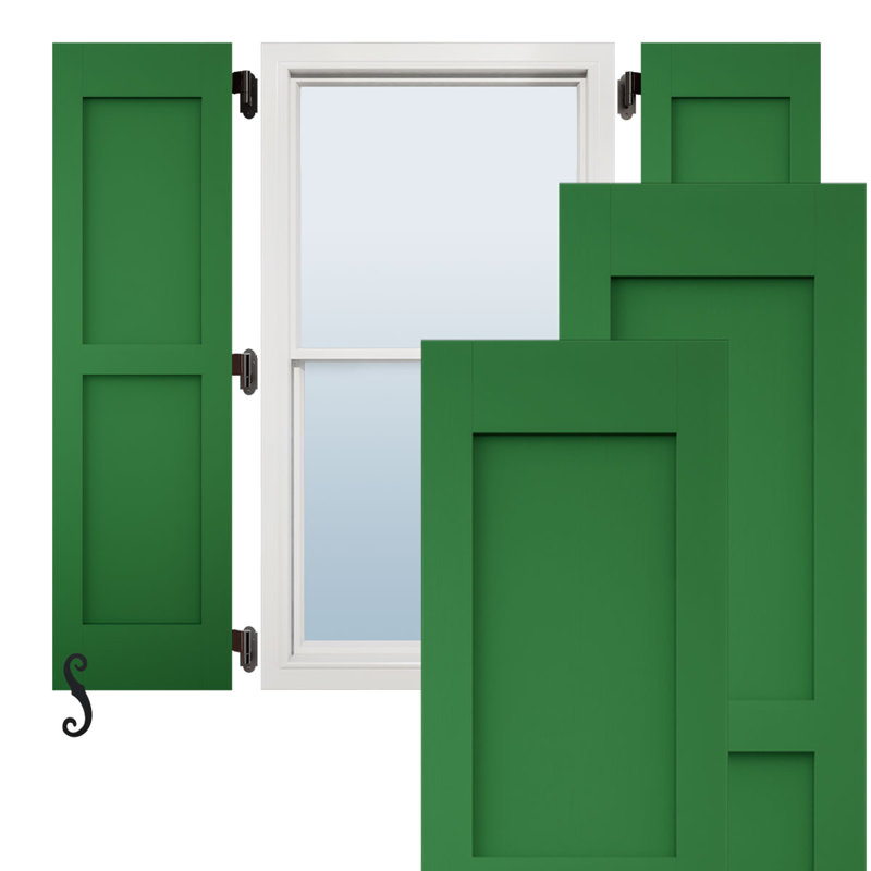 Volets extérieurs Americraft à deux panneaux plats égaux en bois véritable (par paire), 30,5 cm (L) x 208 cm (H), avec capuchons de volets en aluminium, vert viridien