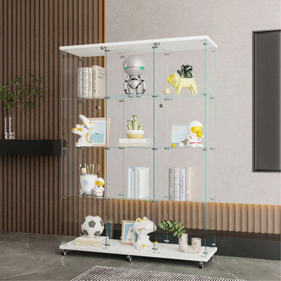 Glass Display Cabinet With 4 Shelves Extra Large, Curio Cabinets For Living Room, Bedroom, Office, Black Floor Standing Glass Bookshelf, Quick Installation