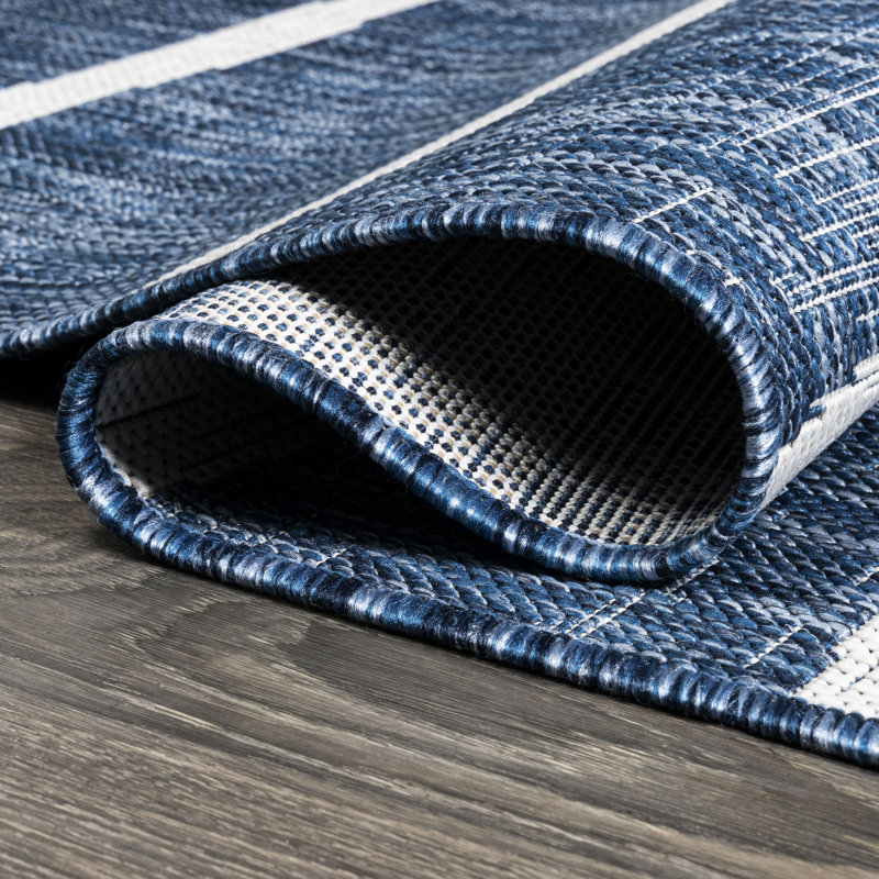 London Berber Stripe Blue/Ivory Indoor/Outdoor Rug, Rectangle 3'11" x 6'