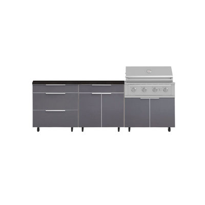 Ensemble de cuisine extérieure en aluminium gris ardoise, 5 pièces, avec roulettes et 3 tiroirs, comprenant un bar, un meuble barbecue, un barbecue haute performance au propane de 91 cm et un comptoir en pierre reconstituée noire de 163 cm.