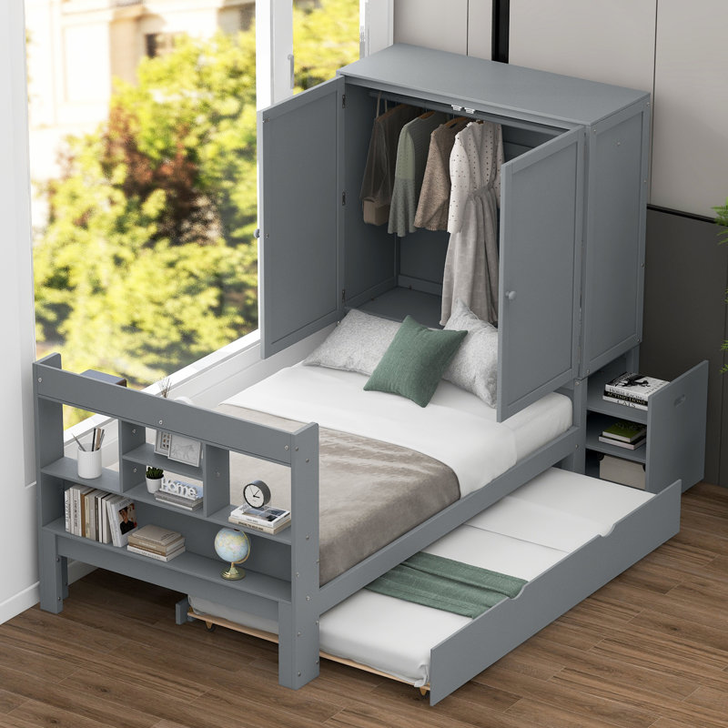 Platform Bed With Pull Out Shelves, Twin, Gray 1, Trundle