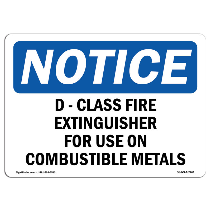 Extincteur D-Class pour utilisation sur panneau en plastique combustible 10 po x 7 po